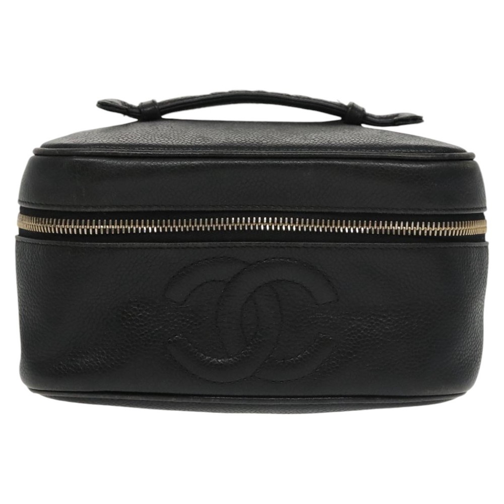 CHANEL Vanity COCO Mark Cosmetic Pouch Caviar Skin Black Gold CC Auth 102073 - Picture 2 of 16